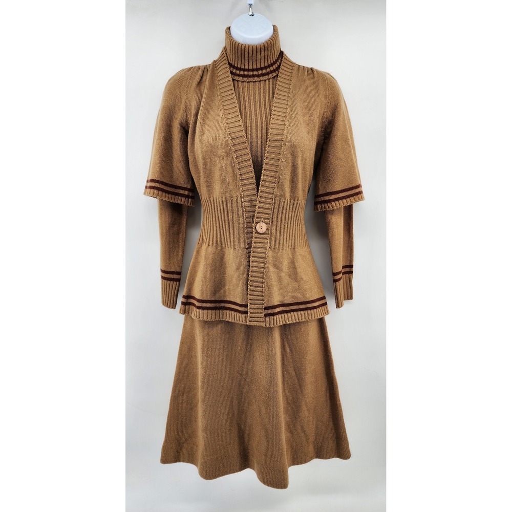 Vintage 2 Pc Knit Dress Set Camel Brown Cardigan Turtleneck Midi XS Preppy Mod